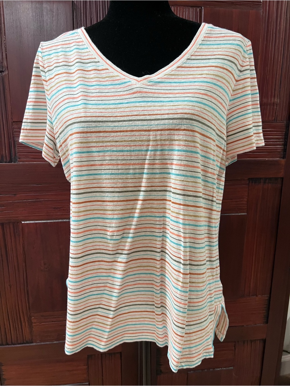 Talbots Cream Short Sleeve V-Neck Tee with Multicolor Stripes, Petite Large